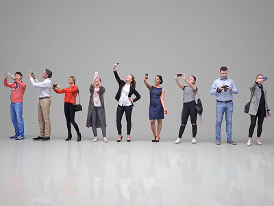 Group of People Taking Photos with Phones Against Gray Background and Reflective Floor 3d model