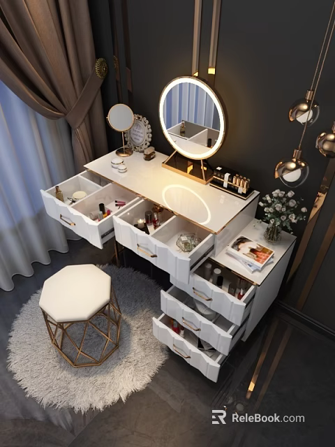Modern White Dressing Table with LED Mirror Open Drawers Cosmetics and Gold Stool 3d model
