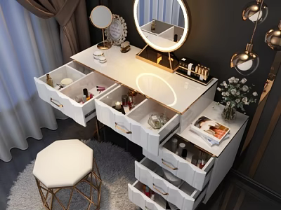 Modern White Dressing Table with LED Mirror Open Drawers Cosmetics and Gold Stool 3d model
