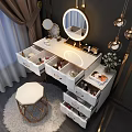 Modern White Dressing Table with LED Mirror Open Drawers Cosmetics and Gold Stool 3d model