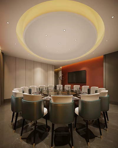 Modern Private Dining Room Interior With Round Table Upholstered Chairs TV And Orange Accent Wall 3d model