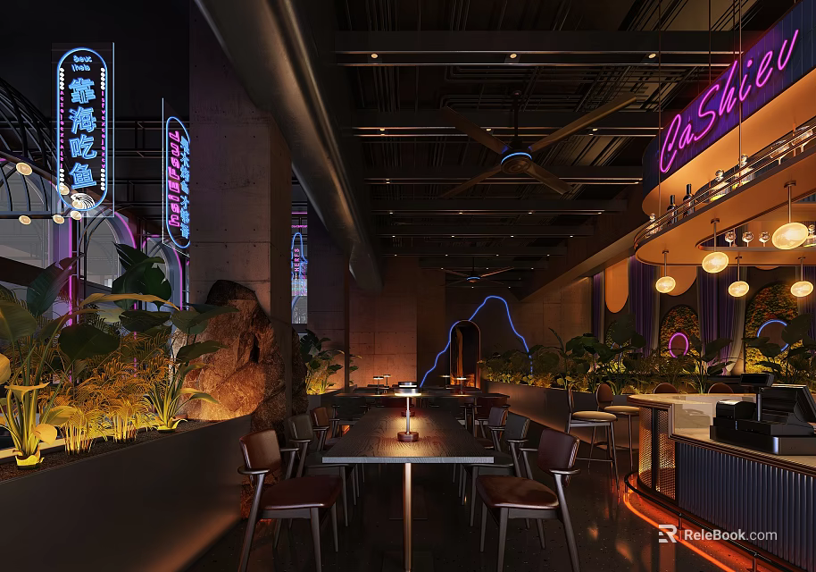 Modern Chinese Restaurant Interior With Open Space Neon Lights Tables Chairs And Green Plants 3d model 
