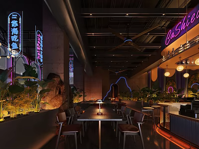 Modern Chinese Restaurant Interior With Open Space Neon Lights Tables Chairs And Green Plants 3d model