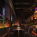 Modern Chinese Restaurant Interior With Open Space Neon Lights Tables Chairs And Green Plants