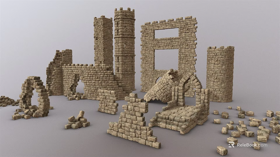 Medieval Stone Castle Ruin Components With Tower Arches And Wall Fragments 3d model 