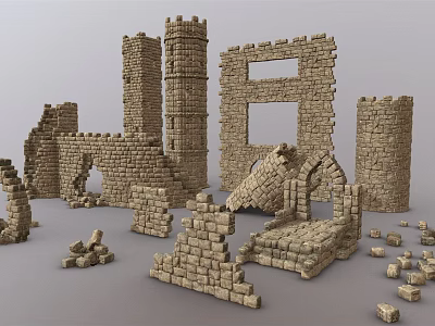 Medieval Stone Castle Ruin Components With Tower Arches And Wall Fragments 3d model