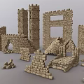 Medieval Stone Castle Ruin Components With Tower Arches And Wall Fragments