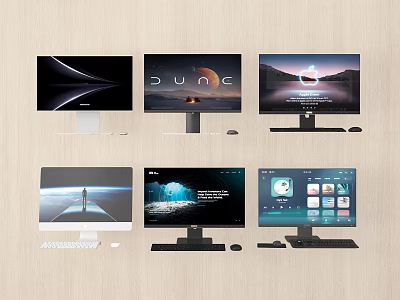 Various Computer Monitors With Different Screen Displays And Stand Designs 3d model