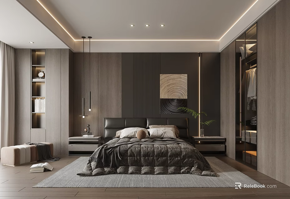 Modern Bedroom Interior With Wooden Walls Ambient Lighting Upholstered Bed Abstract Painting Potted Plant And Rug 3d model 