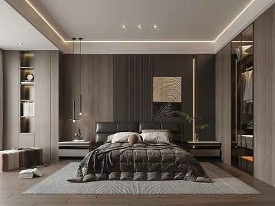 Modern Bedroom Interior With Wooden Walls Ambient Lighting Upholstered Bed Abstract Painting Potted Plant And Rug 3d model