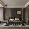 Modern Bedroom Interior With Wooden Walls Ambient Lighting Upholstered Bed Abstract Painting Potted Plant And Rug