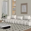 Modern Living Room Interior With Beige Sofa Black White Rug Bookshelf Decorative Art Floor Lamp