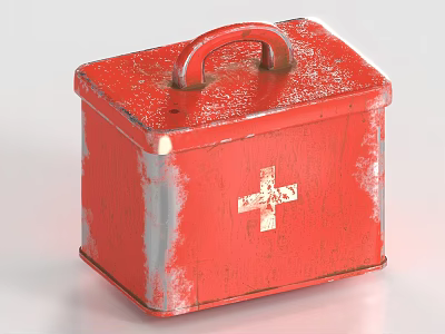 Rusty Red Metal First Aid Box With Handle Cross Symbol And Worn Surface 3d model