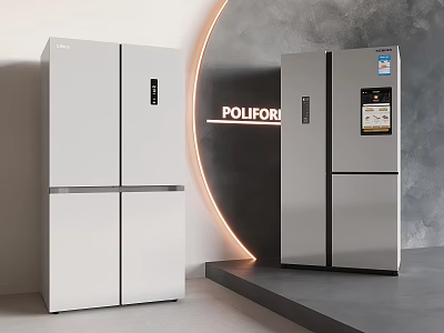 Two Modern Poliform Refrigerators Multi Door And Digital Display On Gray Wall With Arched Lighting 3d model