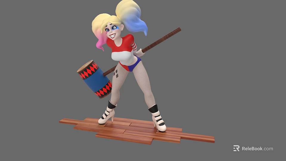 Game Movie Character With Rainbow Hair Red Top Blue Shorts Large Hammer On Wooden Platform 3d model 
