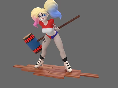 Game Movie Character With Rainbow Hair Red Top Blue Shorts Large Hammer On Wooden Platform 3d model