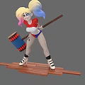 Game Movie Character With Rainbow Hair Red Top Blue Shorts Large Hammer On Wooden Platform