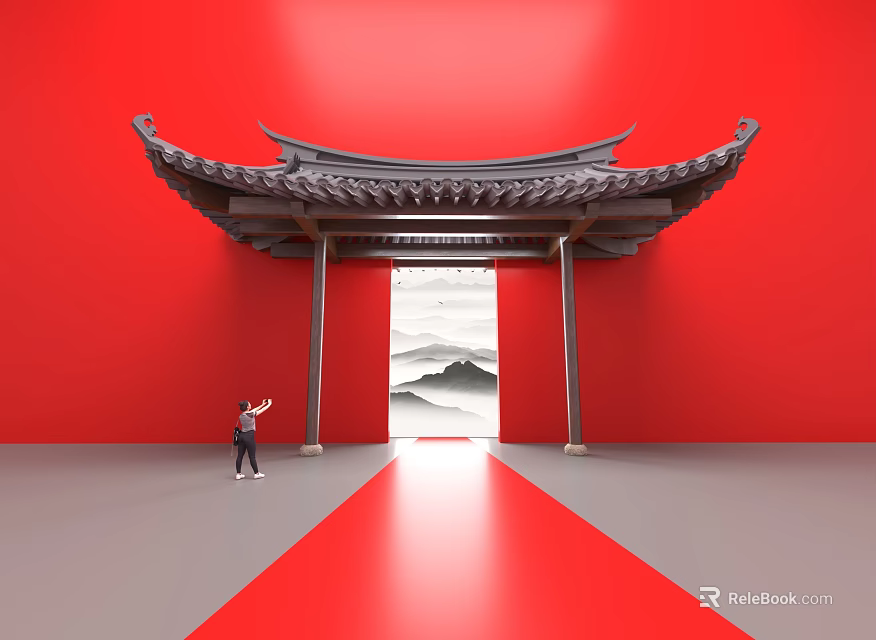 Art Installation Featuring Chinese Style Archway Red Background Person Red Carpet And Landscape Painting 3d model 