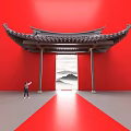 Art Installation Featuring Chinese Style Archway Red Background Person Red Carpet And Landscape Painting