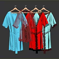 Elegant Robes on Hangers Featuring Blue Red Tones and Lace Trim on Dark Reflective Surface