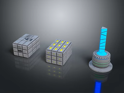 Gray Cube Module Yellow Illuminated Dots And Blue Column Structure With Base 3d model