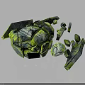 Wood Stone Broken Sphere With Cracked Surface Green Gray Texture And Scattered Fragments