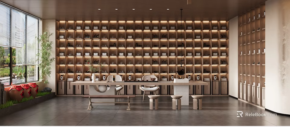 Modern Wine and Tobacco Store Interior With Illuminated Shelves And Product Displays 3d model 