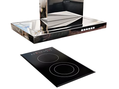 Modern Kitchen Cabinets Featuring Stainless Steel Range Hood And Black Induction Cooktop 3d model
