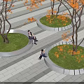 Circular Tree Planter With Grass And Orange Trees People Sitting On Edge In Paved Area