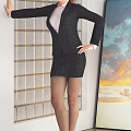 A Woman Posing in Black Blazer Dress Against Golden Grid and Oil Painting