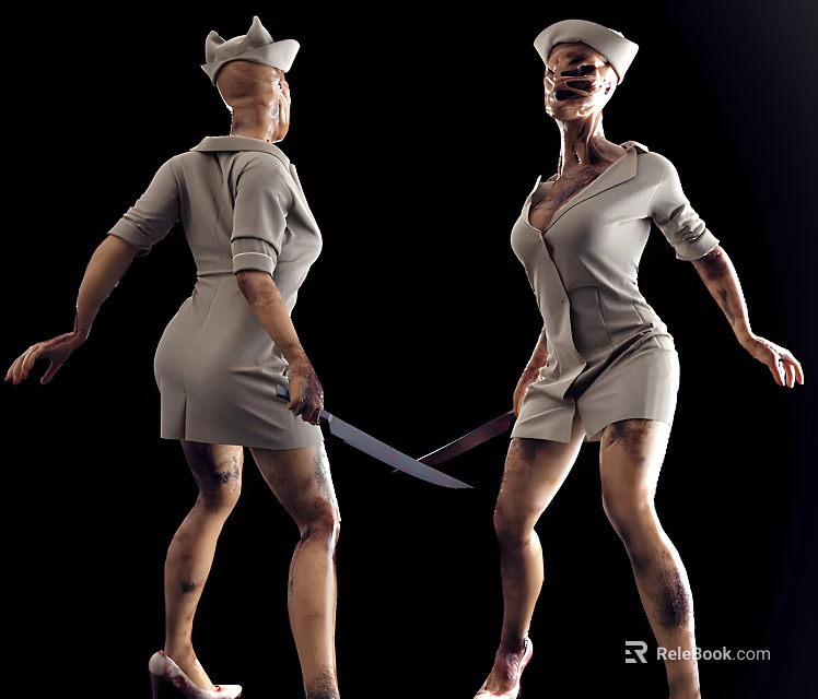 Scary Game Movie Character in Nurse Uniform with Bandages and Knife on Dark Background 3d model 