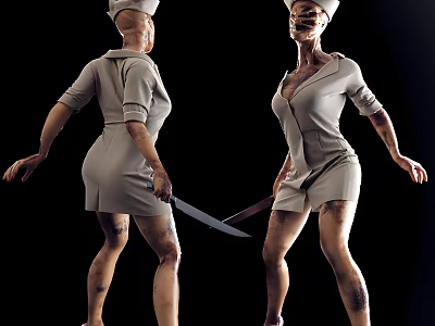 Scary Game Movie Character in Nurse Uniform with Bandages and Knife on Dark Background 3d model