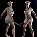 Scary Game Movie Character in Nurse Uniform with Bandages and Knife on Dark Background