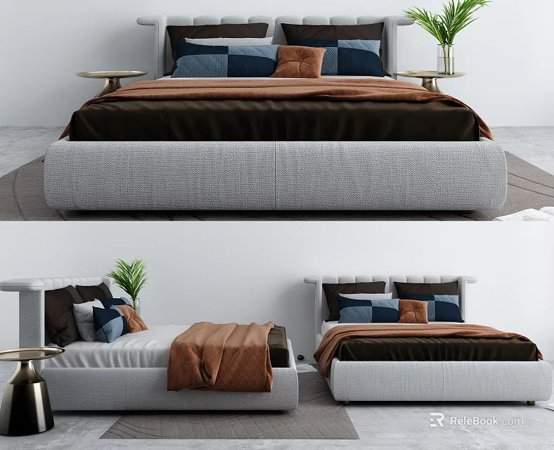 Modern Double Bed with Gray Upholstered Frame Blue Brown Pillows and Throw Blanket 3d model