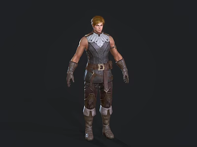 Male Game and Movie Character in Leather Armor with Feathered Shoulder Gloves and Boots 3d model