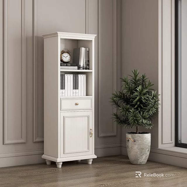 Elegant White Bookcase With Drawer Clock And Potted Plant By Gray Wall 3d model 