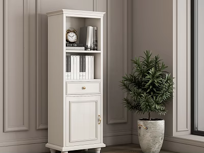 Elegant White Bookcase With Drawer Clock And Potted Plant By Gray Wall 3d model