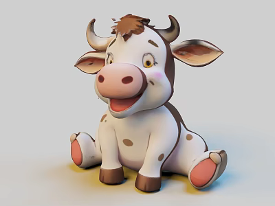Cute Cartoon Calf With White Brown Spots Sitting Smiling Pink Nose Hooves Gray Background 3d model
