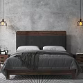 Cozy Bedroom Interior With Wooden Headboard Gray Blanket White Pillows And Black Pendant Light