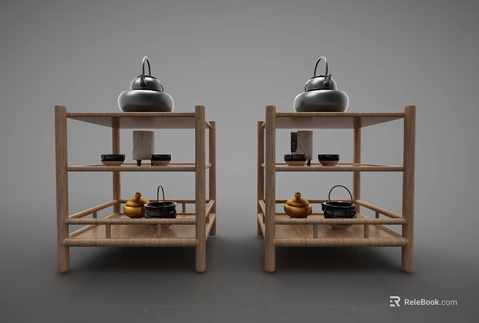 Wooden Decorative Cabinets With Multi Tiered Shelves Featuring Teapots And Cups 3d model 