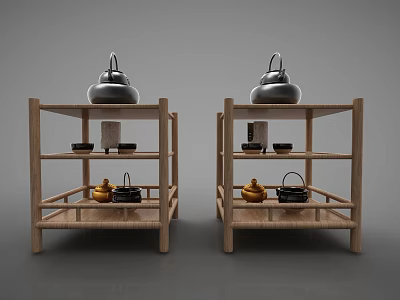 Wooden Decorative Cabinets With Multi Tiered Shelves Featuring Teapots And Cups 3d model