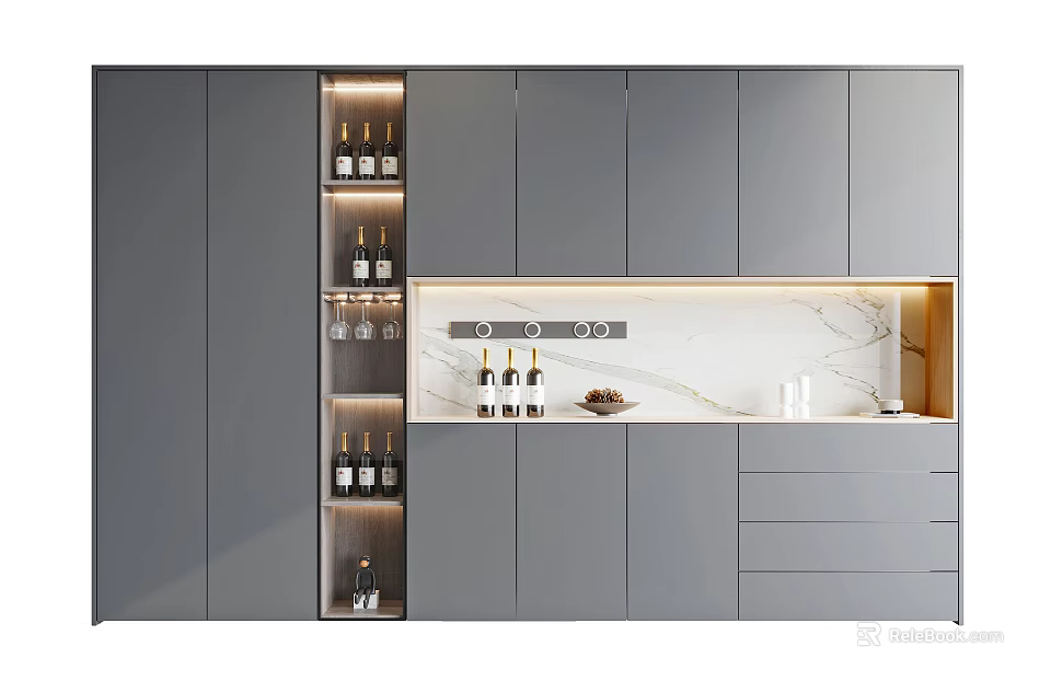 Modern Gray Wine Cabinet With LED Lighting Marble Countertop And Glassware Storage 3d model 