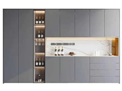 Modern Gray Wine Cabinet With LED Lighting Marble Countertop And Glassware Storage 3d model