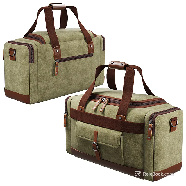 Olive Green Canvas Duffel Bags With Brown Leather Details 3d model 