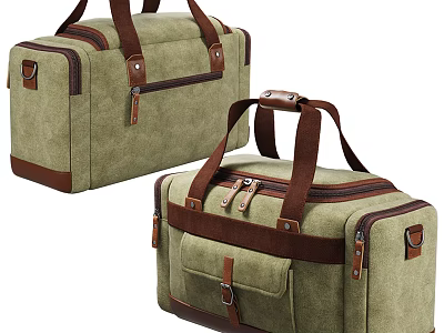 Olive Green Canvas Duffel Bags With Brown Leather Details 3d model
