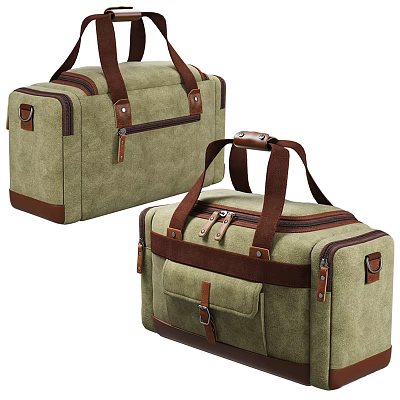 Olive Green Canvas Duffel Bags With Brown Leather Details 3d model