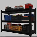 Multi Tiered Black Metal Shelf With Storage Boxes Tool Containers And Plastic Buckets 3d model