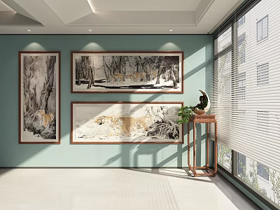 Three Tiger Animal Paintings Hanging On Wall In Elegant Room Interior With Natural Light 3d model