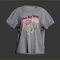 Gray T-shirt Featuring Lucky You Text and Pink Chicken Graphic for Casual Wear