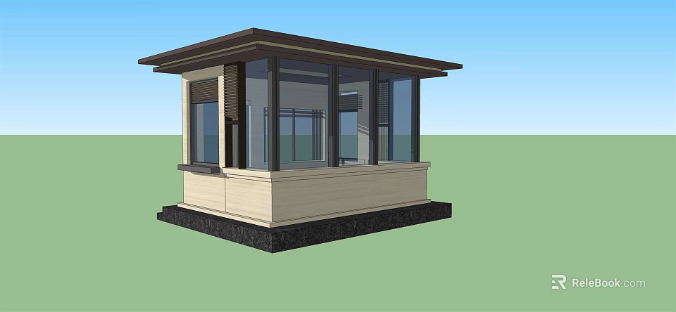 Modern Guardhouse Design Featuring Large Glass Windows Dark Roof And Light Walls 3d model 
